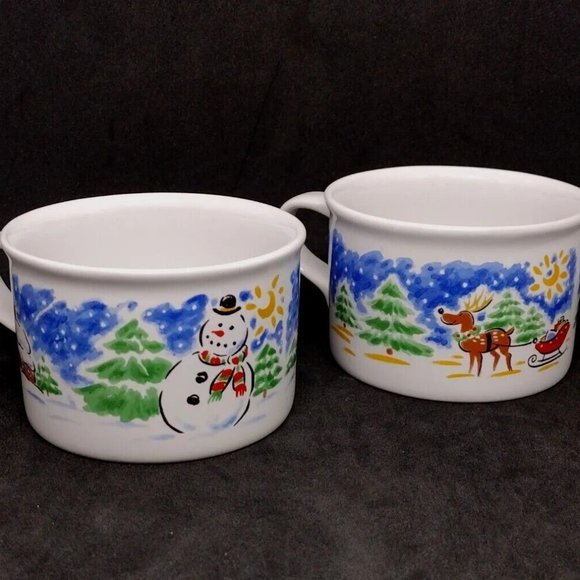 2 Studio Nova Christmas Cocoa Mugs Wide Mouth Soup Mug Reindeer & Snowman - Picture 2 of 8